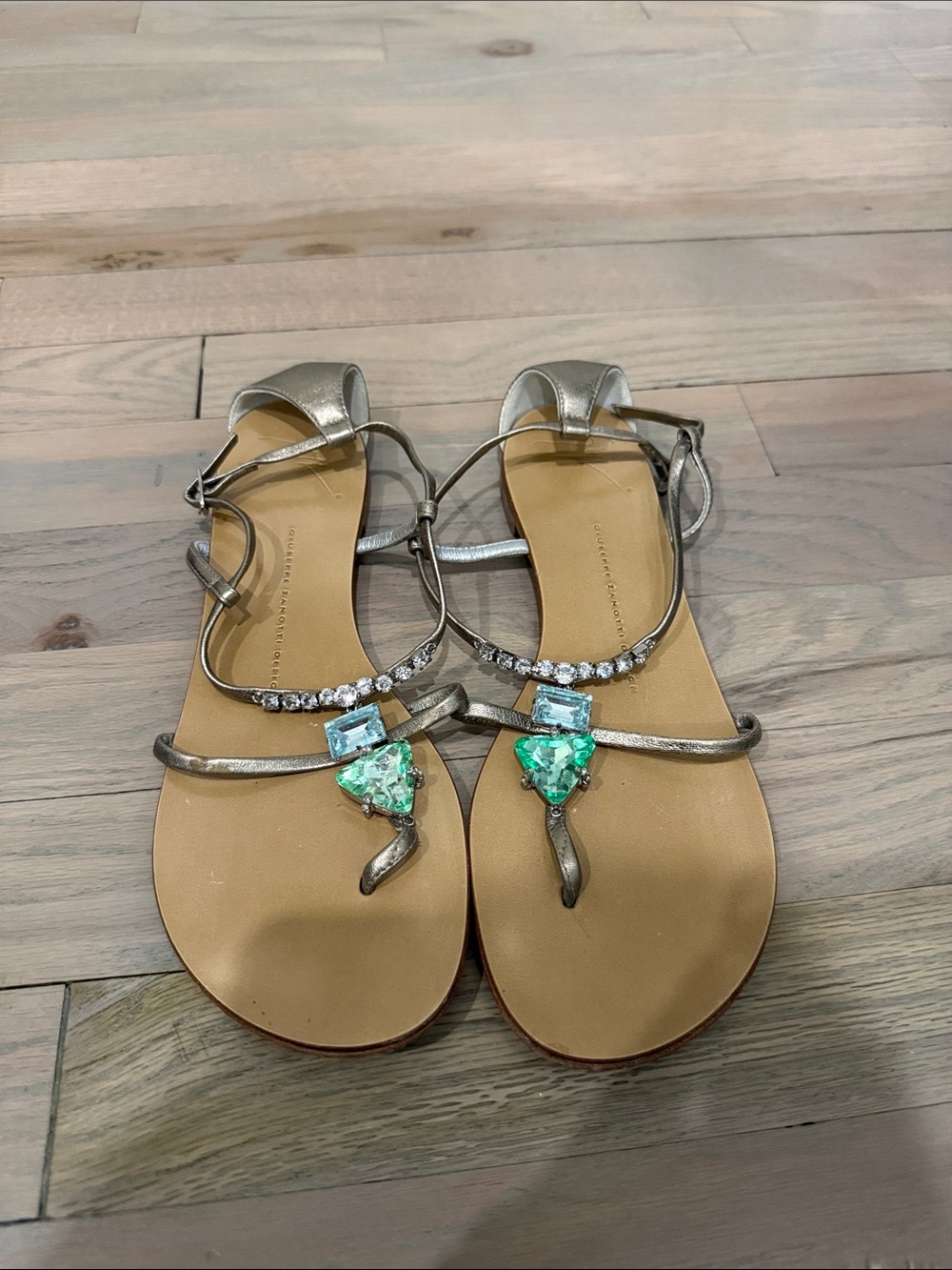 Giuseppe Zanotti Silver T-Strap Sandals with Aqua & Emerald Gems